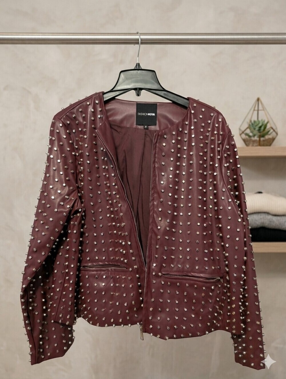 Fashion Nova Run This Town Studded Faux Leather Jacket Wine Size 1X(14/16)(NWOT) - Picture 5 of 10